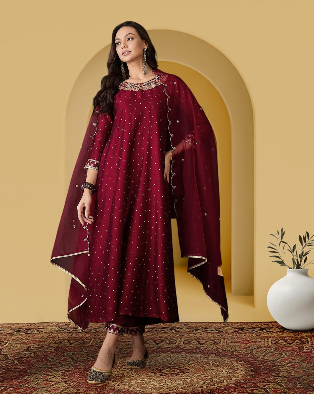 Amazon Brand - Tavasya Women Silk Blend Zari Sequence Embroidered Kurta with Pant and Dupatta | Salwar Suit