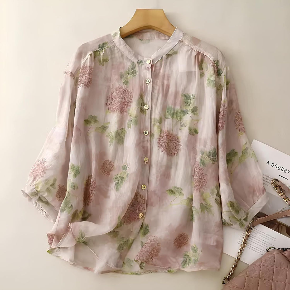 Gufrina Women’s Light Rose Floral Printed Button Down Shirt with Mandarin Collar and Relaxed Fit 3/4 Sleeves